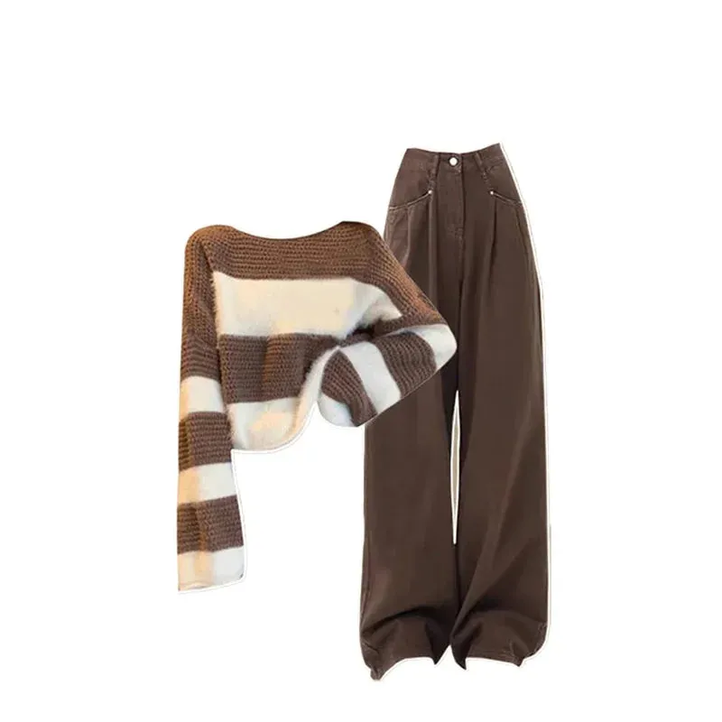 Loose Striped Knit Sweater & High Waisted Jeans Two-piece Set Winter Clothes