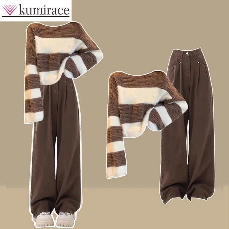 Loose Striped Knit Sweater & High Waisted Jeans Two-piece Set Winter Clothes