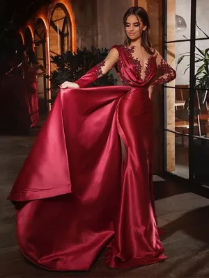 LORIE Burgundy Lace Mermaid with Long Sleeve illusion Dress