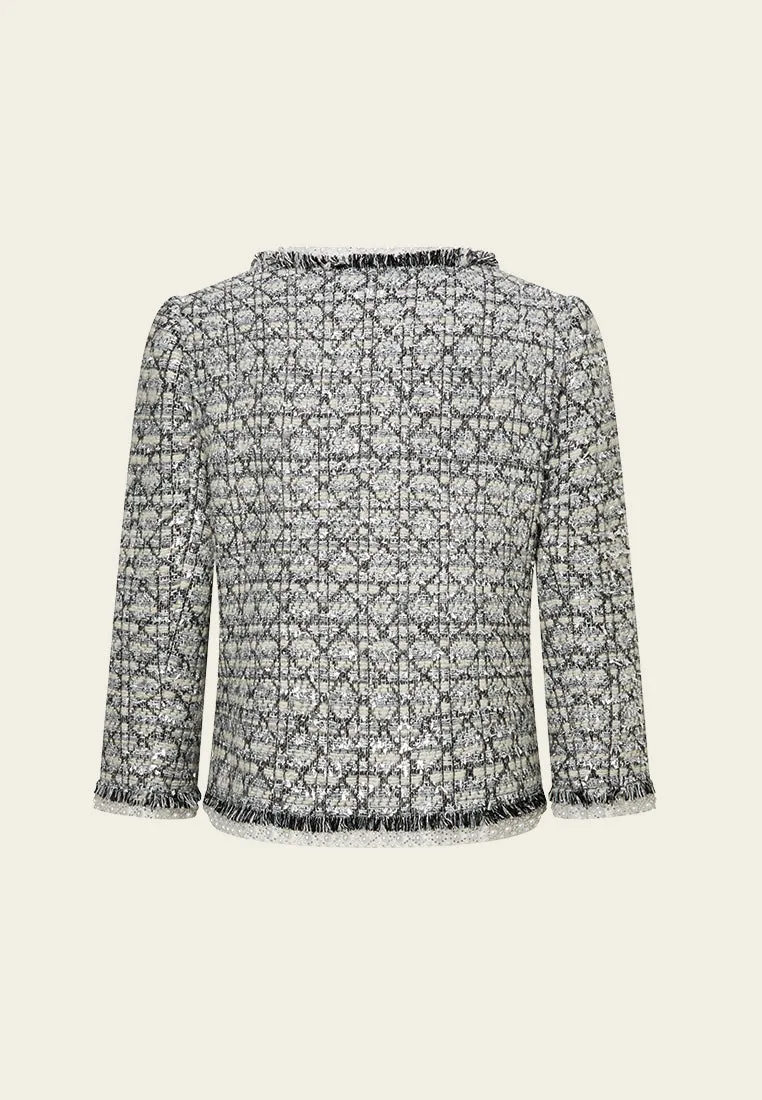 Lurex Diamond-pattern Frayed-detail Embellished Jacket