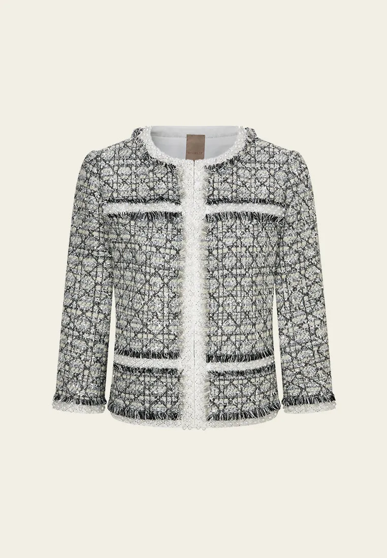Lurex Diamond-pattern Frayed-detail Embellished Jacket