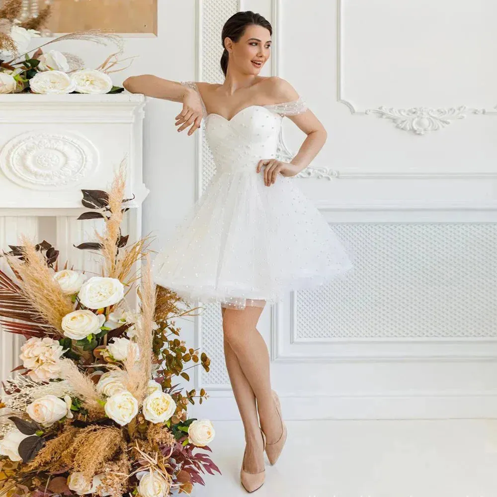 Luxury Wedding Dresses Off The Shoulder Sweetheart Pearls A Line Mini Bridal Gown Lace-up Corset Wedding Gowns