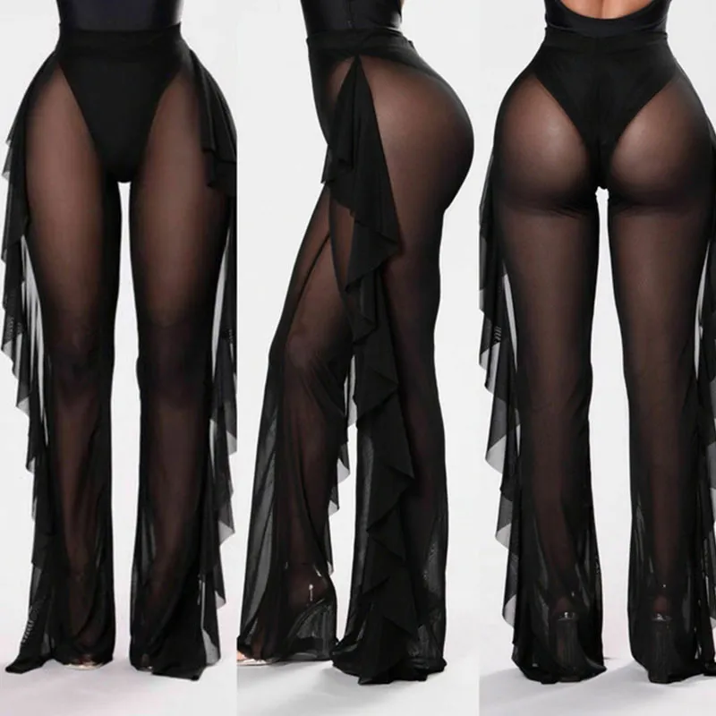 Malia Sheer High-Waisted Ruffle Mesh Pants