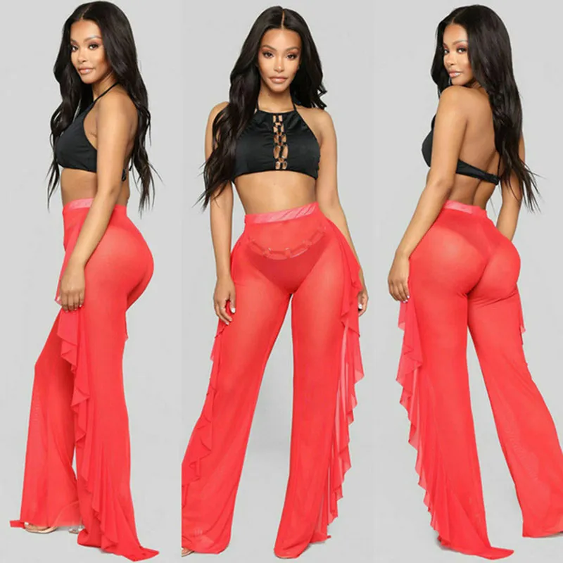 Malia Sheer High-Waisted Ruffle Mesh Pants