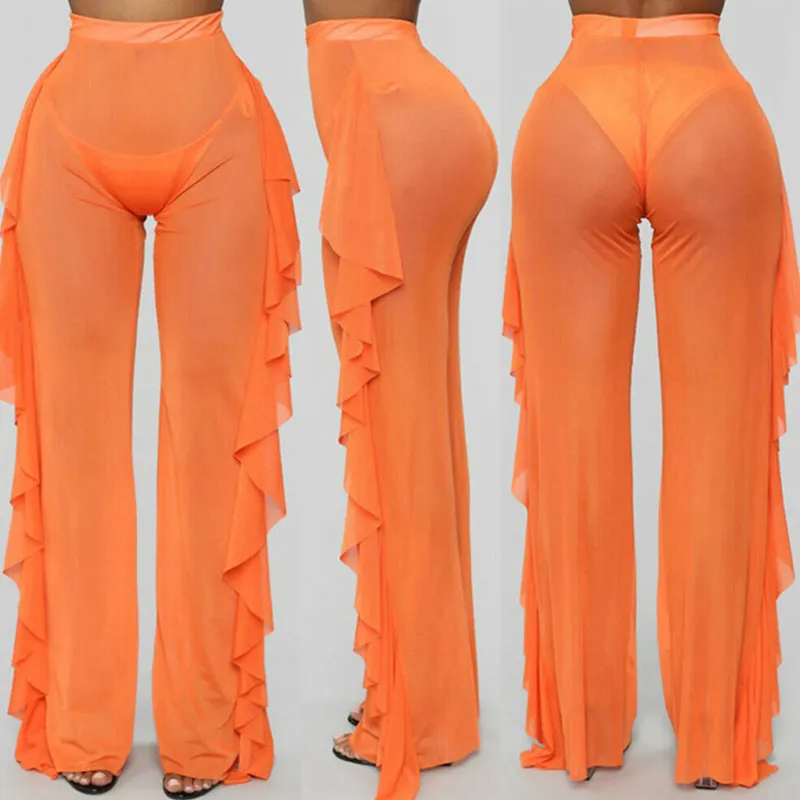 Malia Sheer High-Waisted Ruffle Mesh Pants