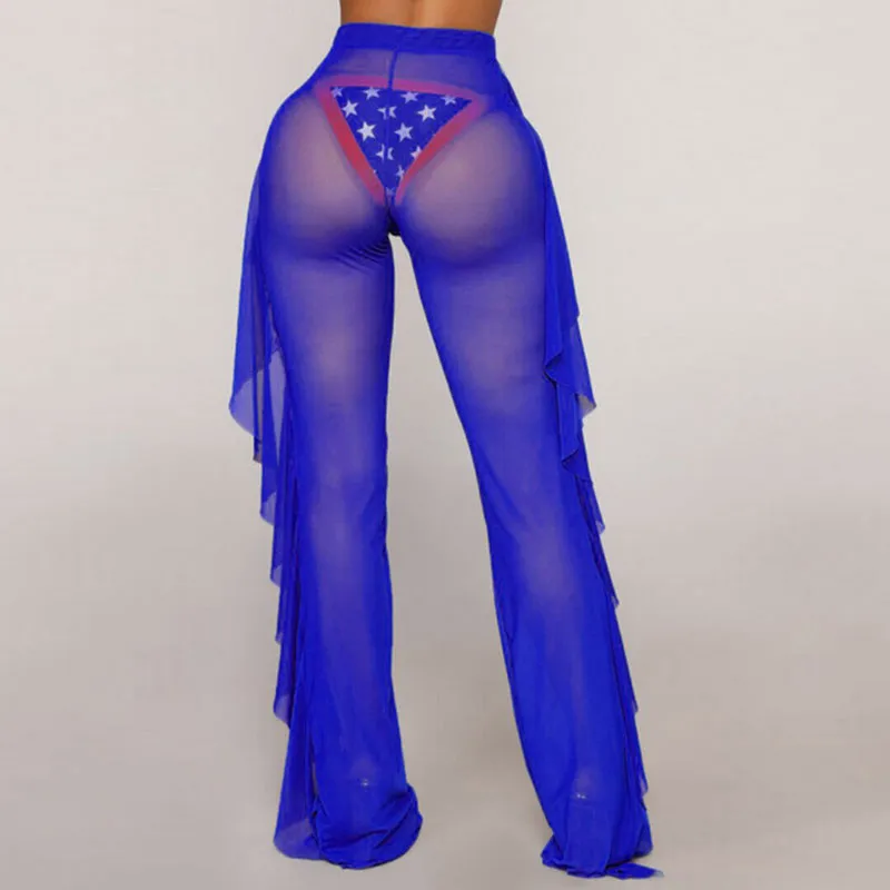 Malia Sheer High-Waisted Ruffle Mesh Pants