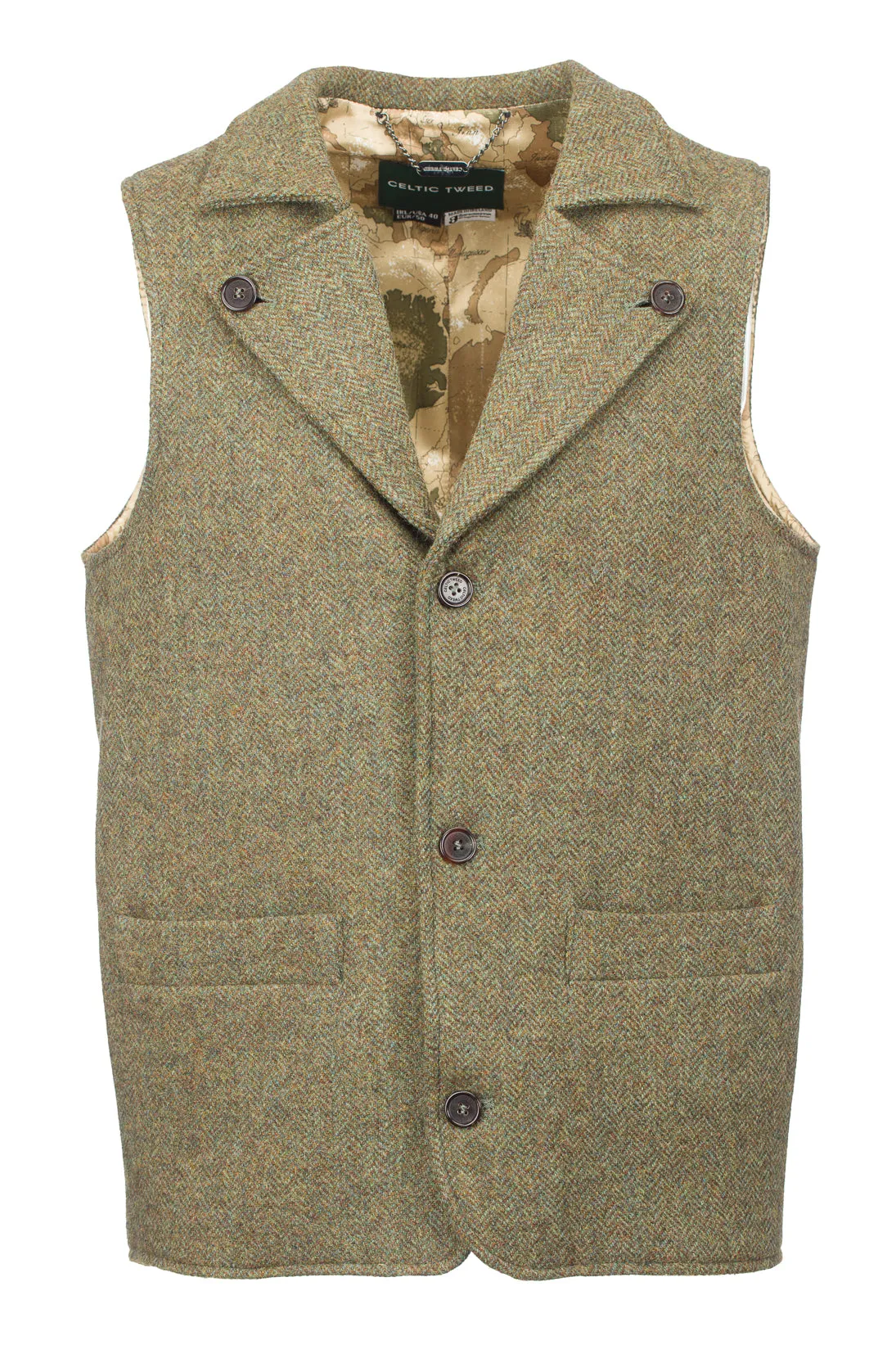 Man Of Aran Moss Green Herringbone Tweed Waistcoat & Vest