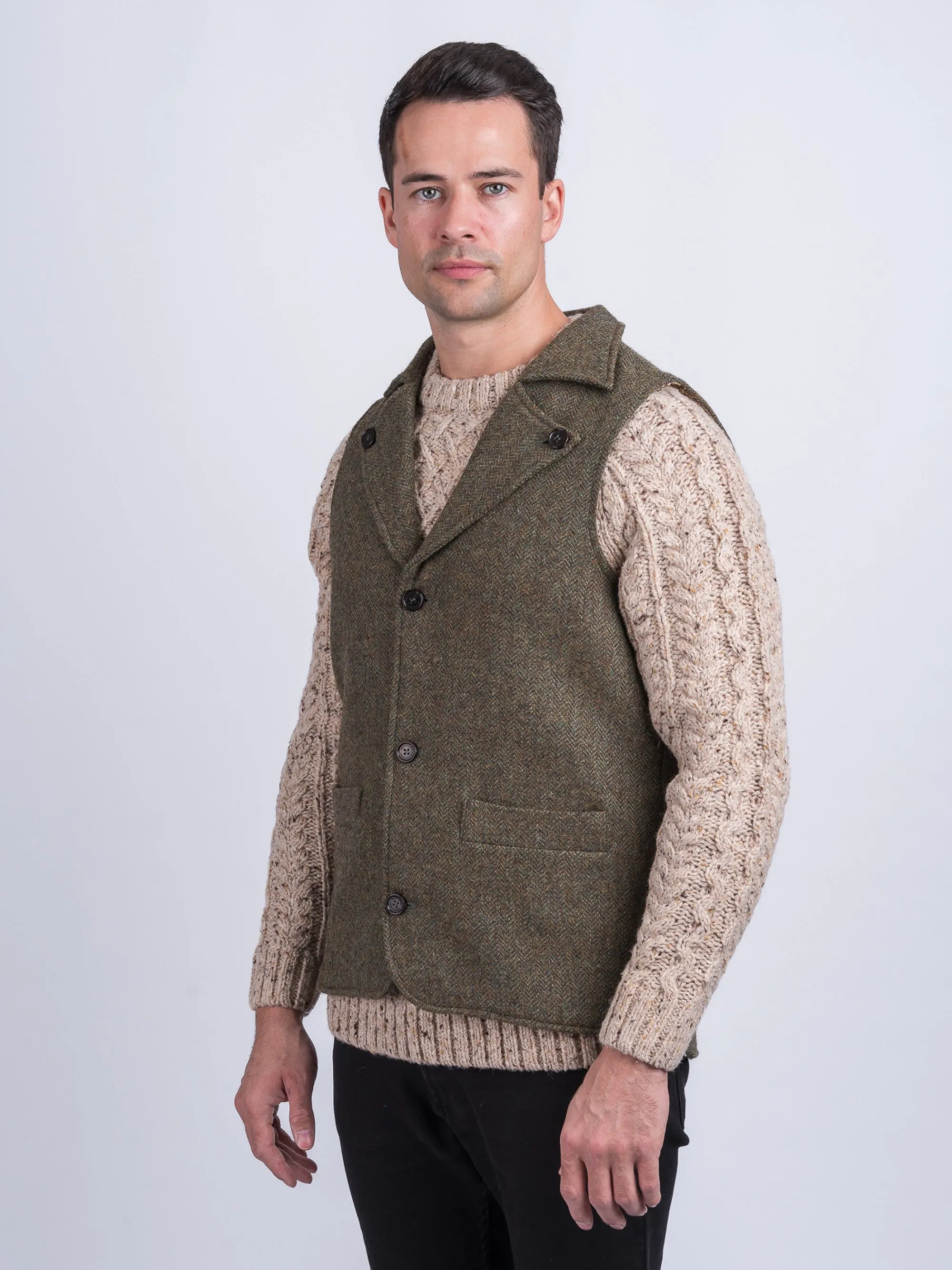 Man Of Aran Moss Green Herringbone Tweed Waistcoat & Vest