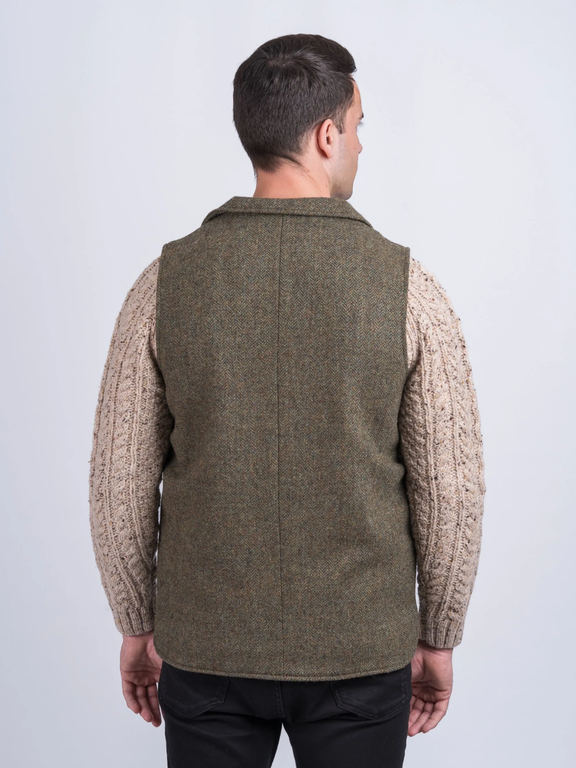 Man Of Aran Moss Green Herringbone Tweed Waistcoat & Vest