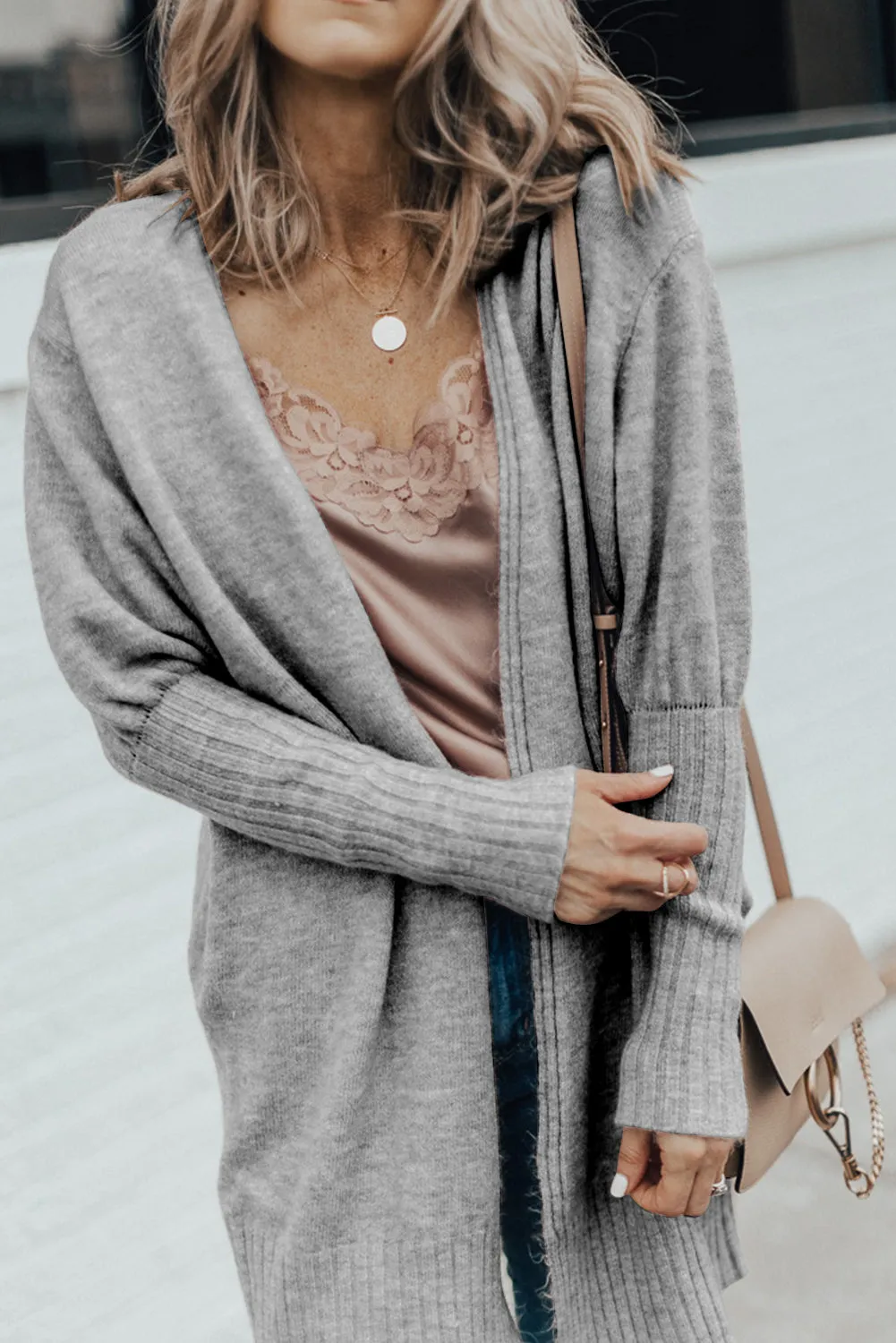 Medium Grey Ribbed Trim Puff Sleeve Sweater Cardigan