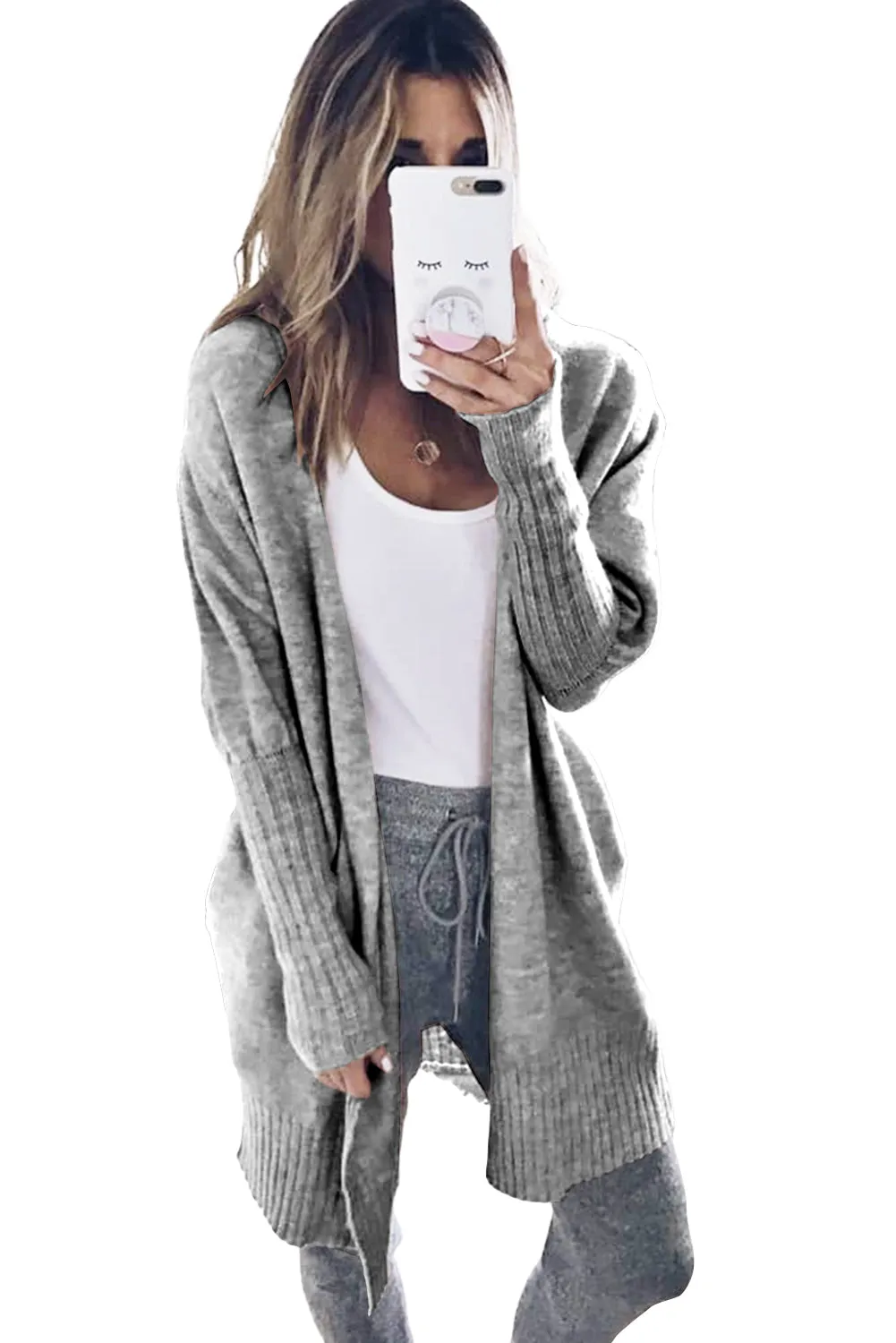 Medium Grey Ribbed Trim Puff Sleeve Sweater Cardigan