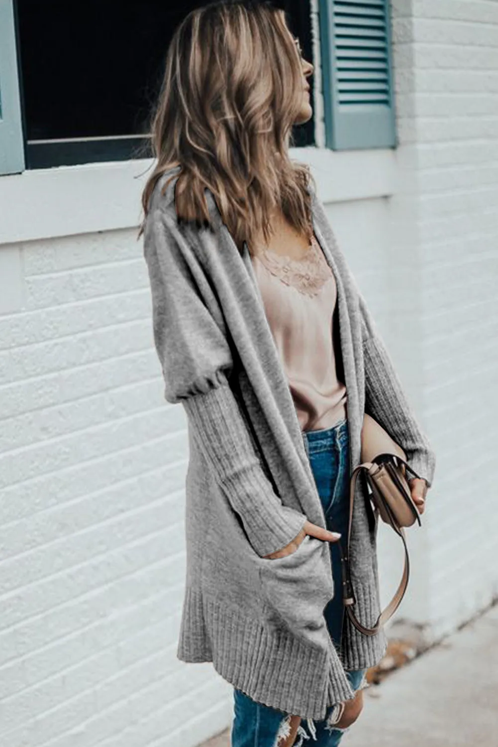 Medium Grey Ribbed Trim Puff Sleeve Sweater Cardigan