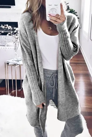 Medium Grey Ribbed Trim Puff Sleeve Sweater Cardigan