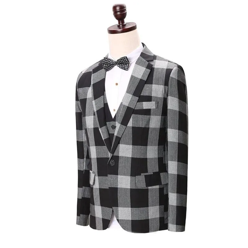 Men's 3 Peice Jacket Pants Vest Grey Plaid Business Suit Up To 3XL