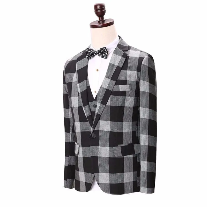 Men's 3 Peice Jacket Pants Vest Grey Plaid Business Suit Up To 3XL