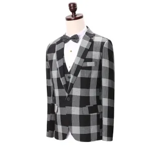 Men's 3 Peice Jacket Pants Vest Grey Plaid Business Suit Up To 3XL