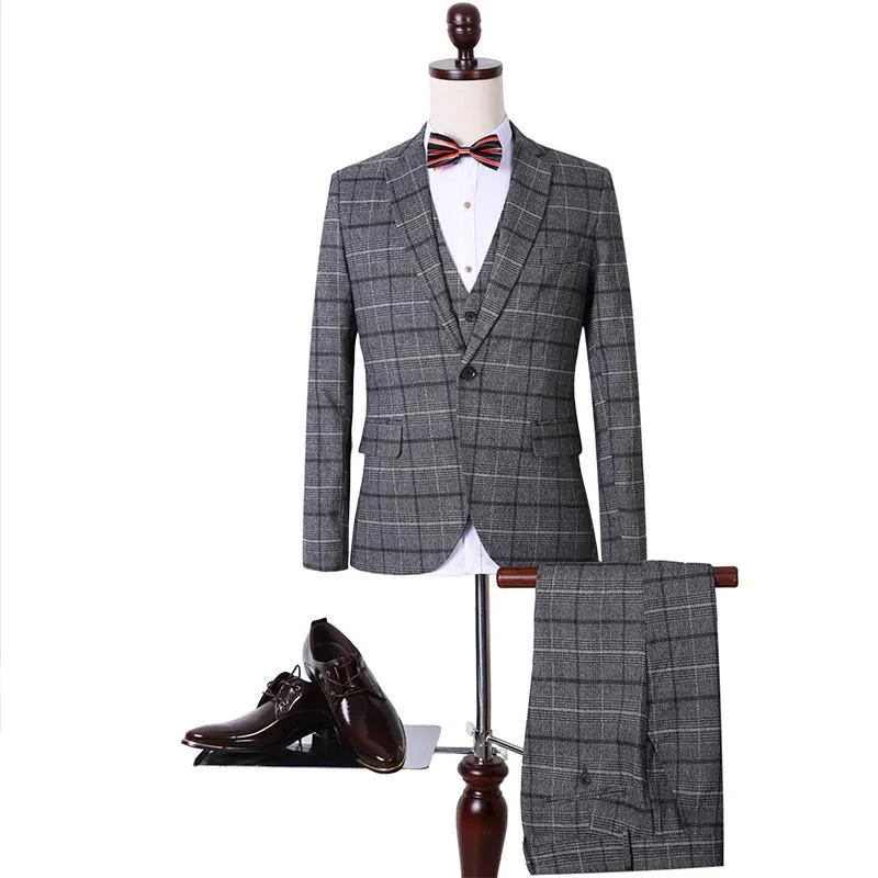 Men's 3 Peice Jacket Pants Vest Plaid Business Suit
