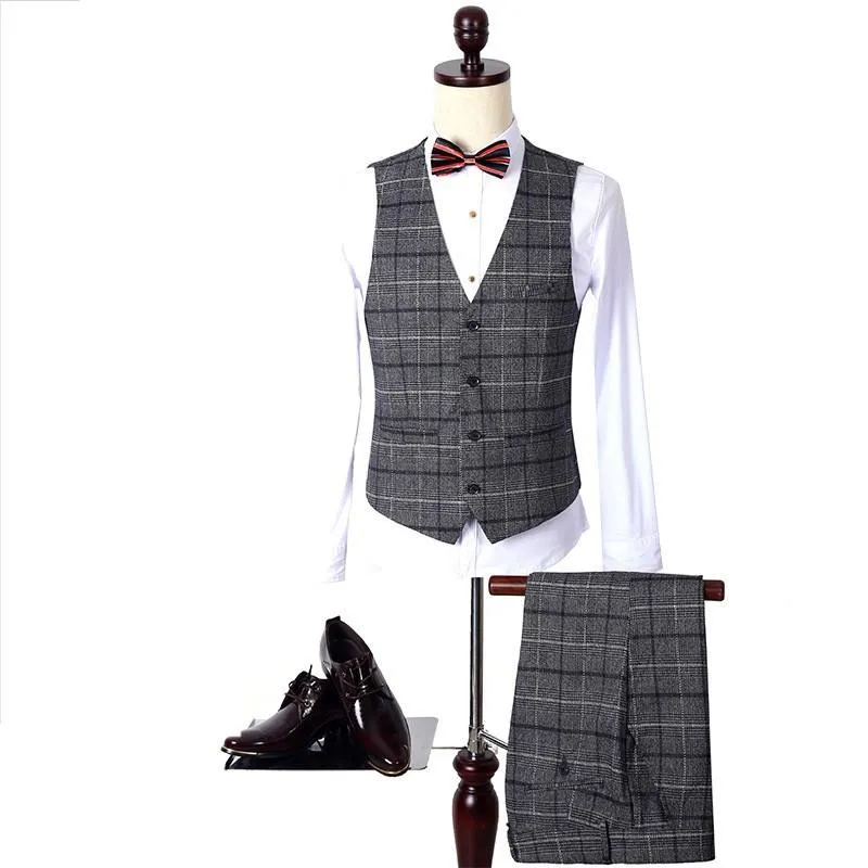 Men's 3 Peice Jacket Pants Vest Plaid Business Suit