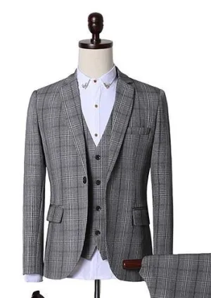 Men's Fashion Light Grey Plaid 3 Piece Suit Up To 3XL