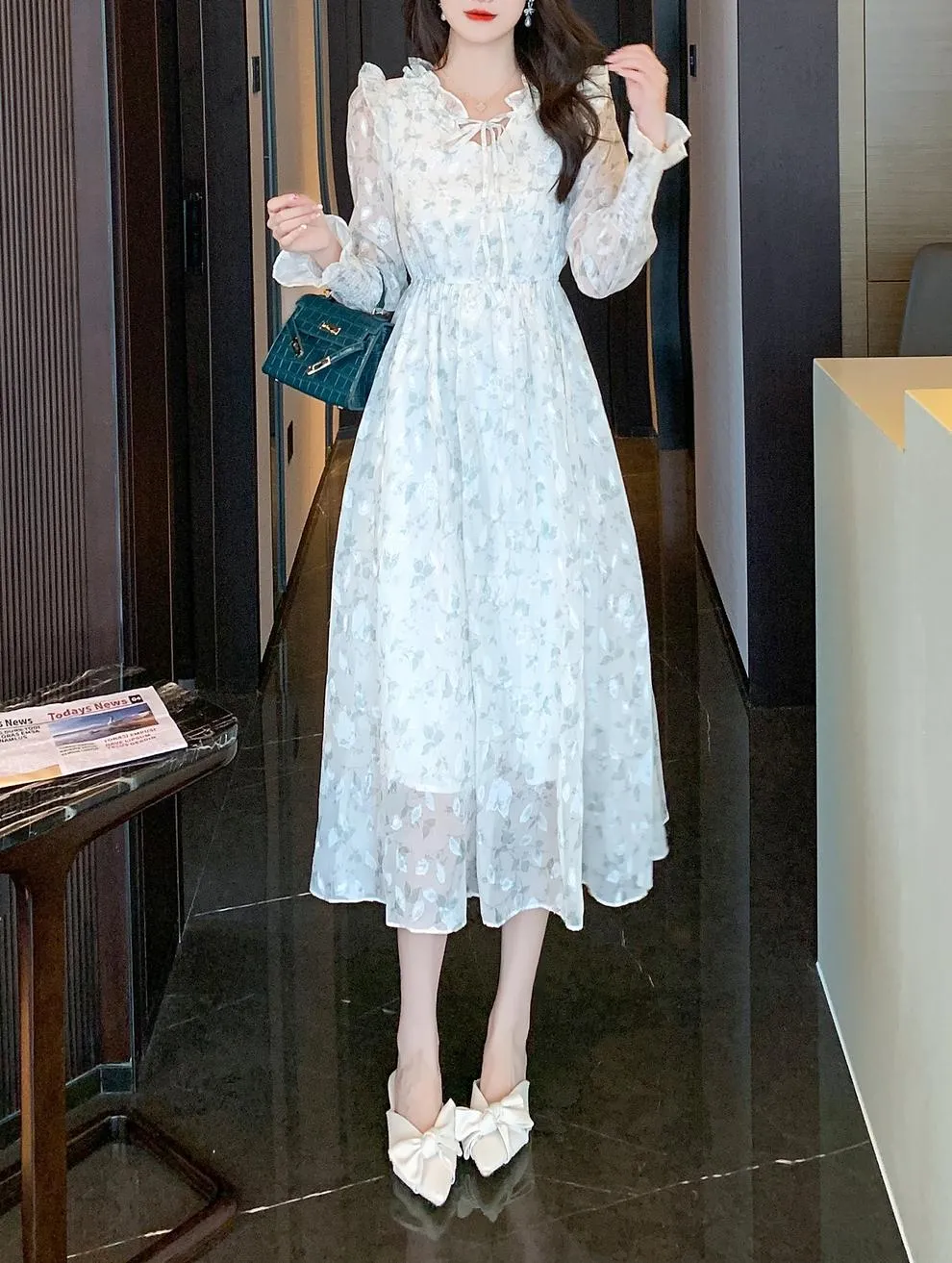 Mid-Length Mesh Dress in Elegant Floral Design for Women