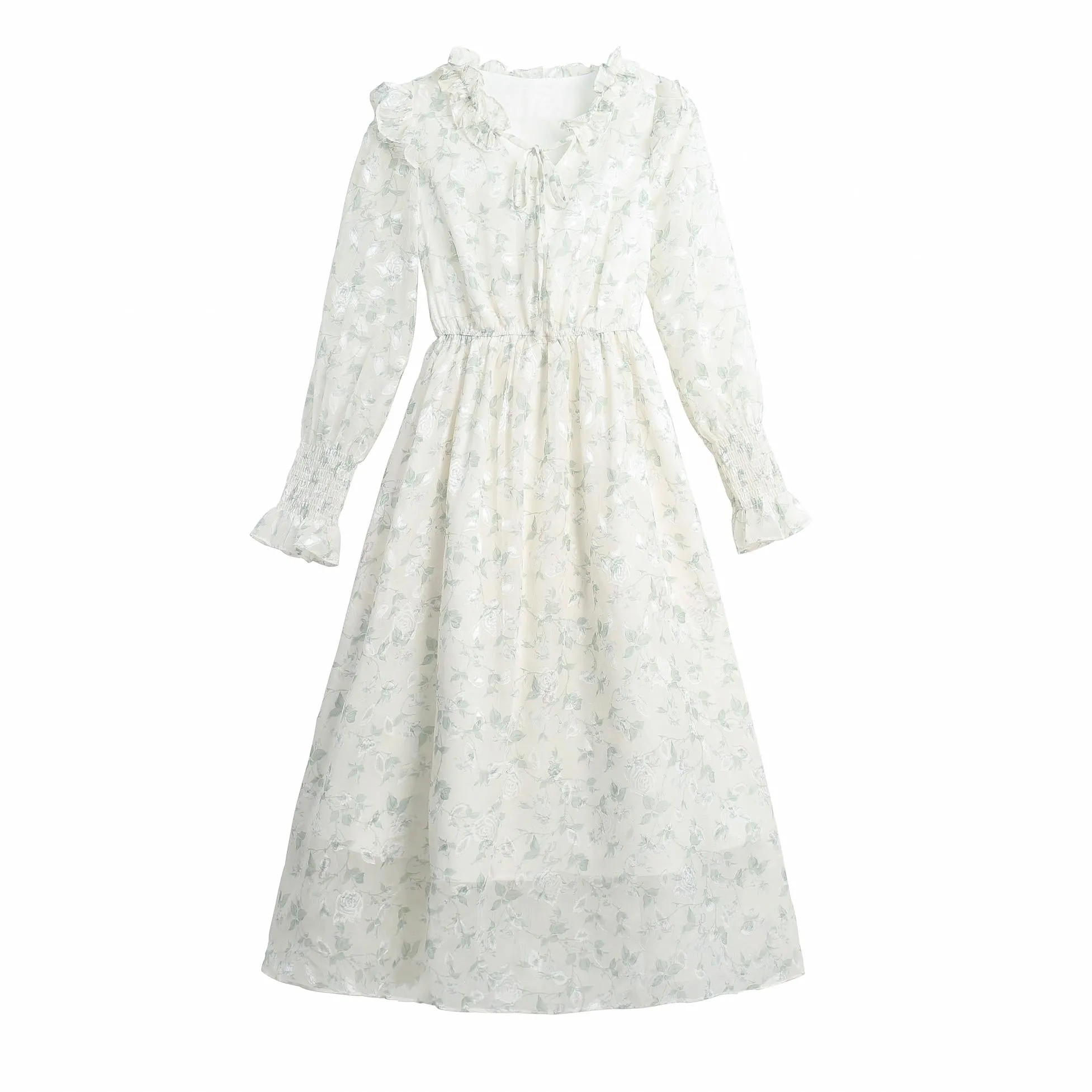 Mid-Length Mesh Dress in Elegant Floral Design for Women