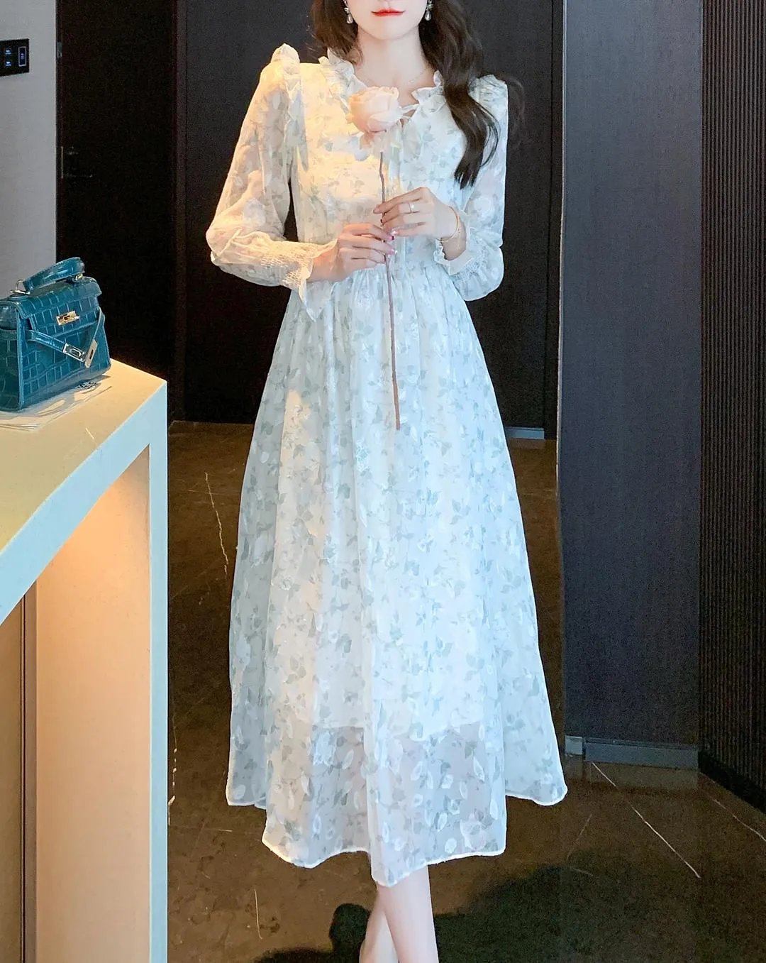 Mid-Length Mesh Dress in Elegant Floral Design for Women