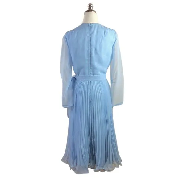 Miss Elliette Vintage Dress Blue Chiffon Pleated Skirt Wrap Look Size 8