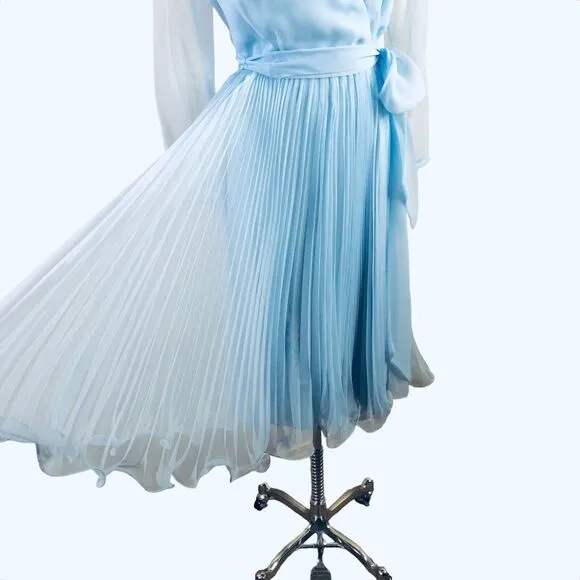 Miss Elliette Vintage Dress Blue Chiffon Pleated Skirt Wrap Look Size 8