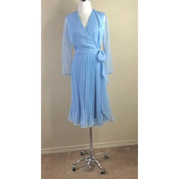 Miss Elliette Vintage Dress Blue Chiffon Pleated Skirt Wrap Look Size 8