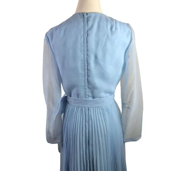 Miss Elliette Vintage Dress Blue Chiffon Pleated Skirt Wrap Look Size 8