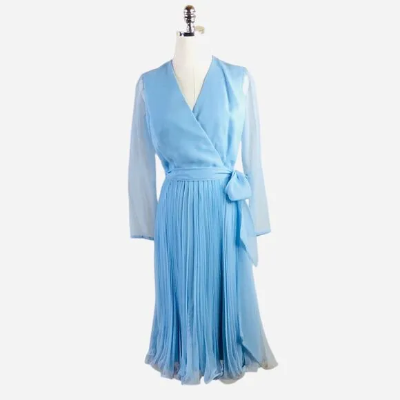 Miss Elliette Vintage Dress Blue Chiffon Pleated Skirt Wrap Look Size 8