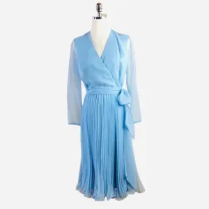 Miss Elliette Vintage Dress Blue Chiffon Pleated Skirt Wrap Look Size 8