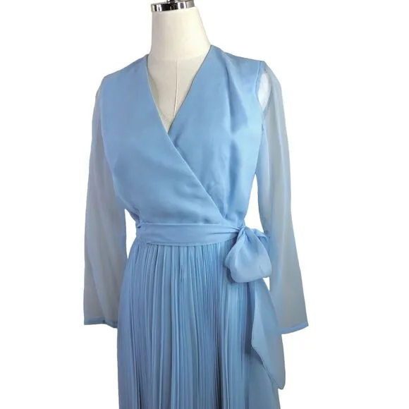 Miss Elliette Vintage Dress Blue Chiffon Pleated Skirt Wrap Look Size 8
