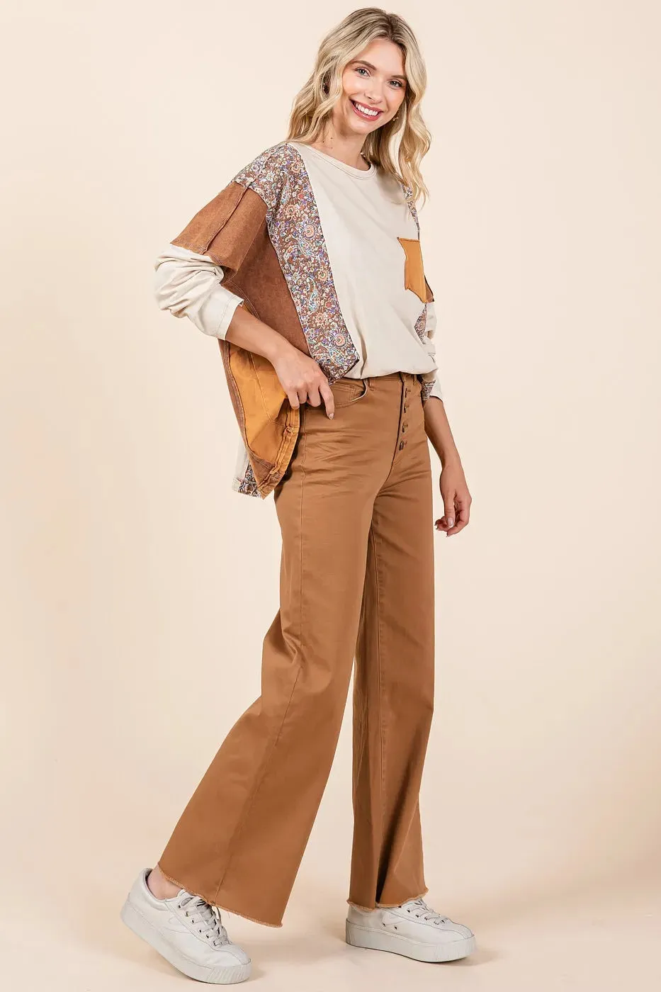 Mittoshop Twill High Waisted Button Fly Wide Leg Pants
