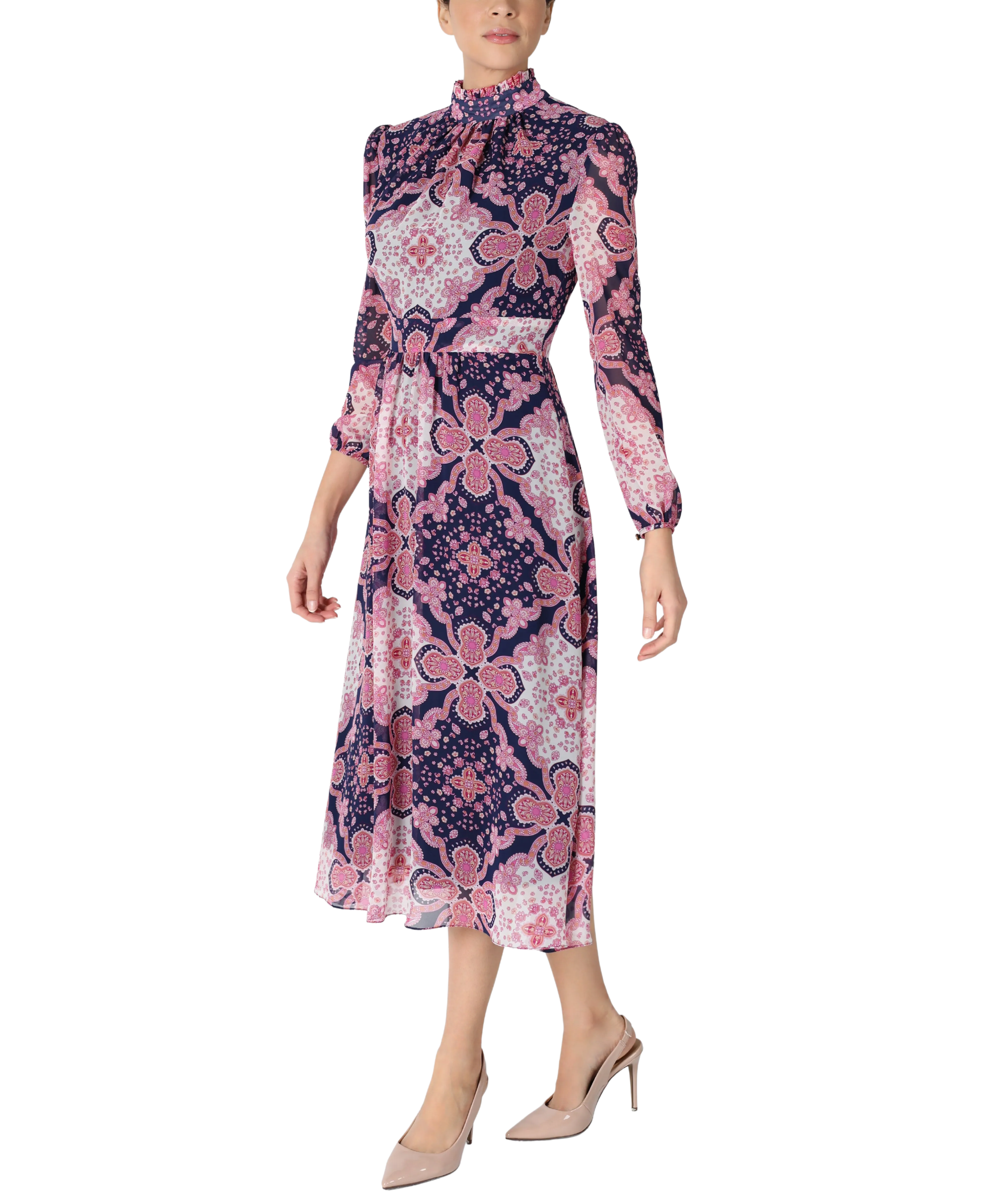 Mock Neck Long Sleeve Printed Chiffon Midi