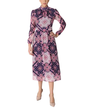 Mock Neck Long Sleeve Printed Chiffon Midi