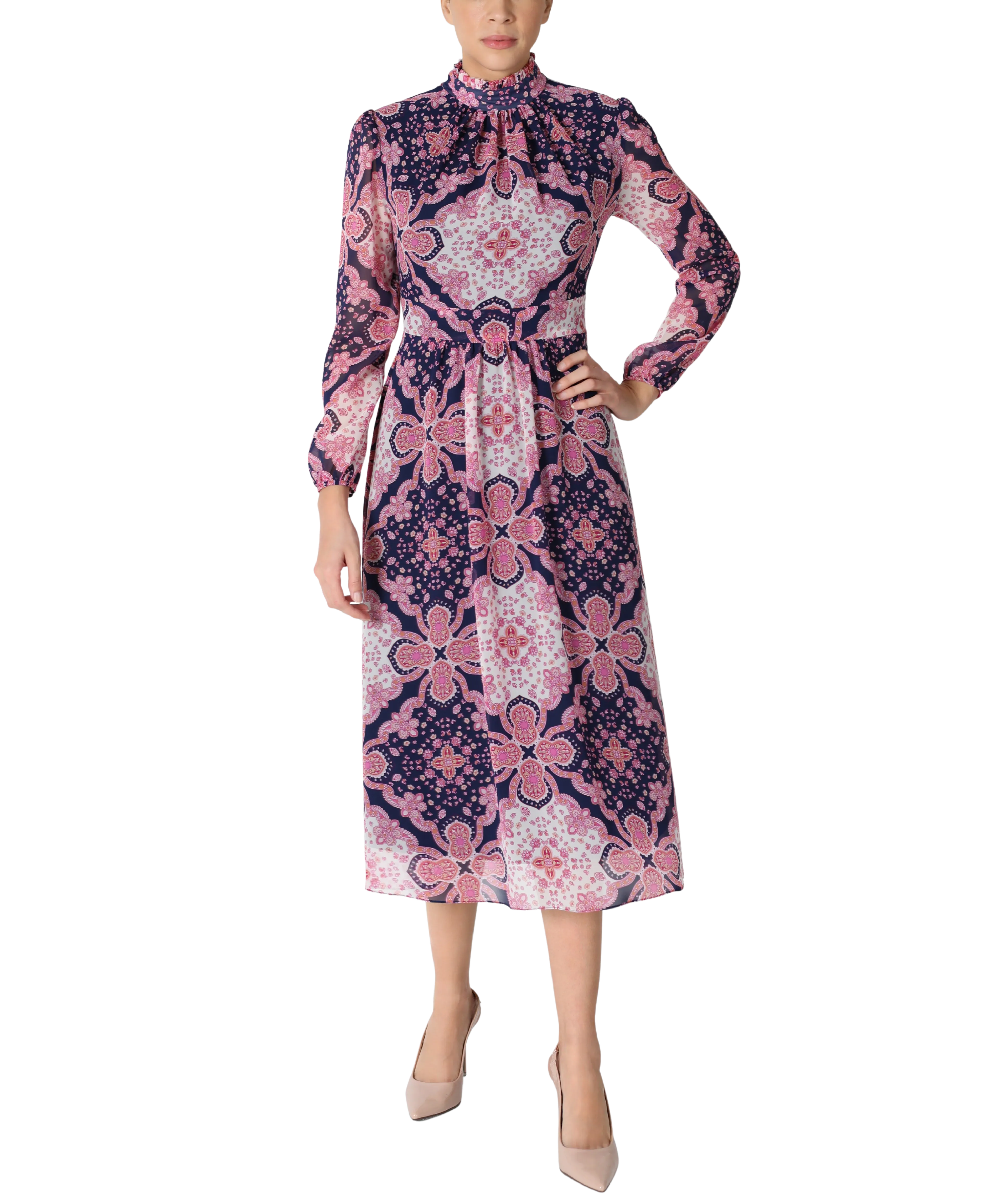 Mock Neck Long Sleeve Printed Chiffon Midi