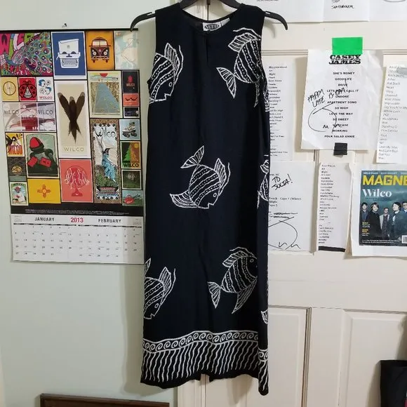 MTB Meant To Be dress Medium fish print midi maxi back slit VINTAGE boho hippie