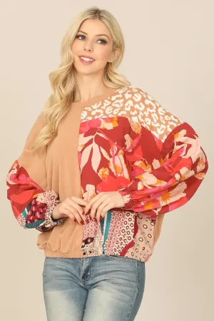 MULTI PRINT LONG PUFF SLEEVE TOP