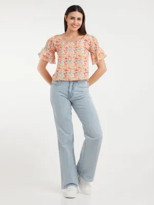 Multicolor Printed Puff Sleeve Top