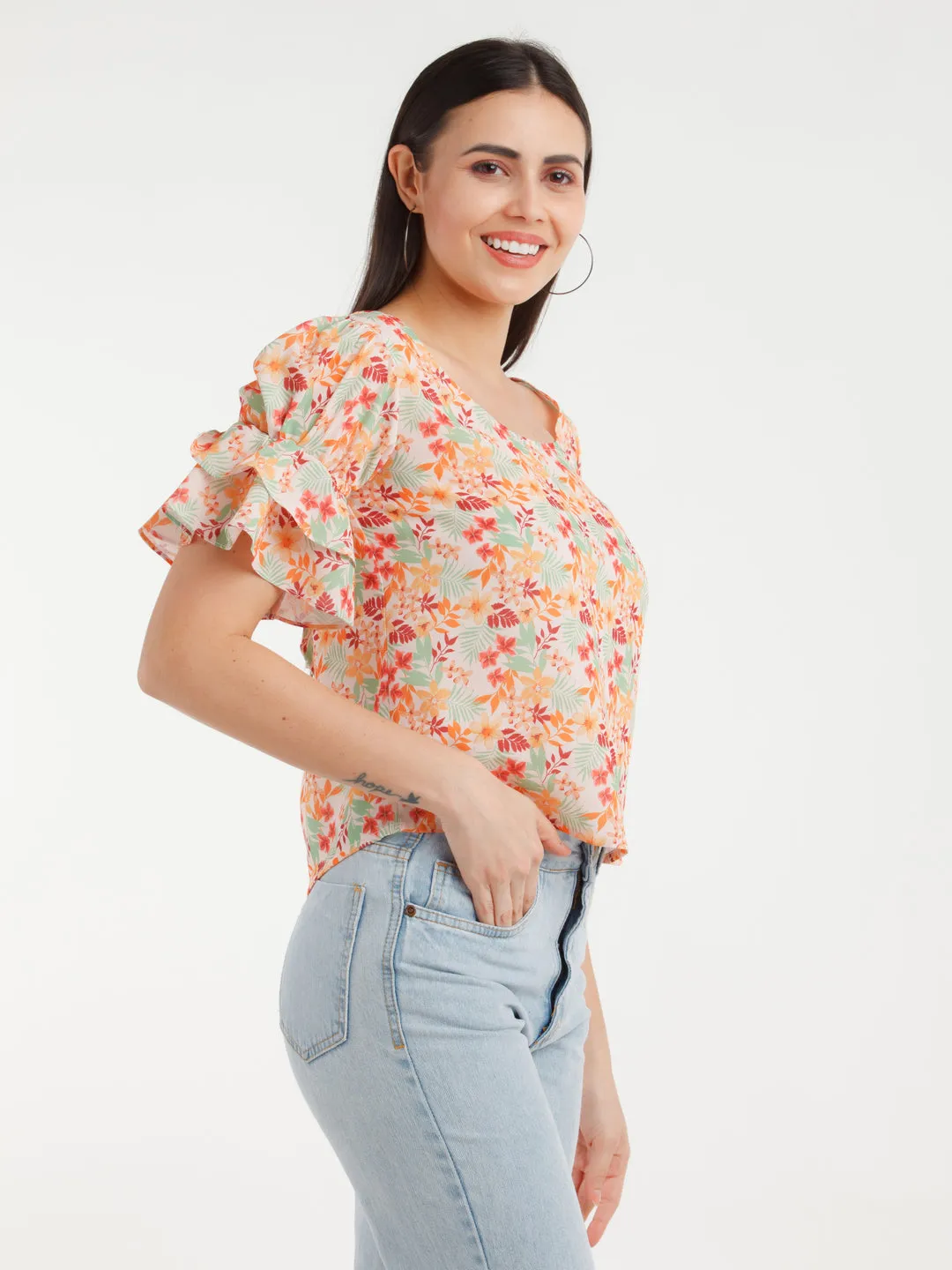 Multicolor Printed Puff Sleeve Top