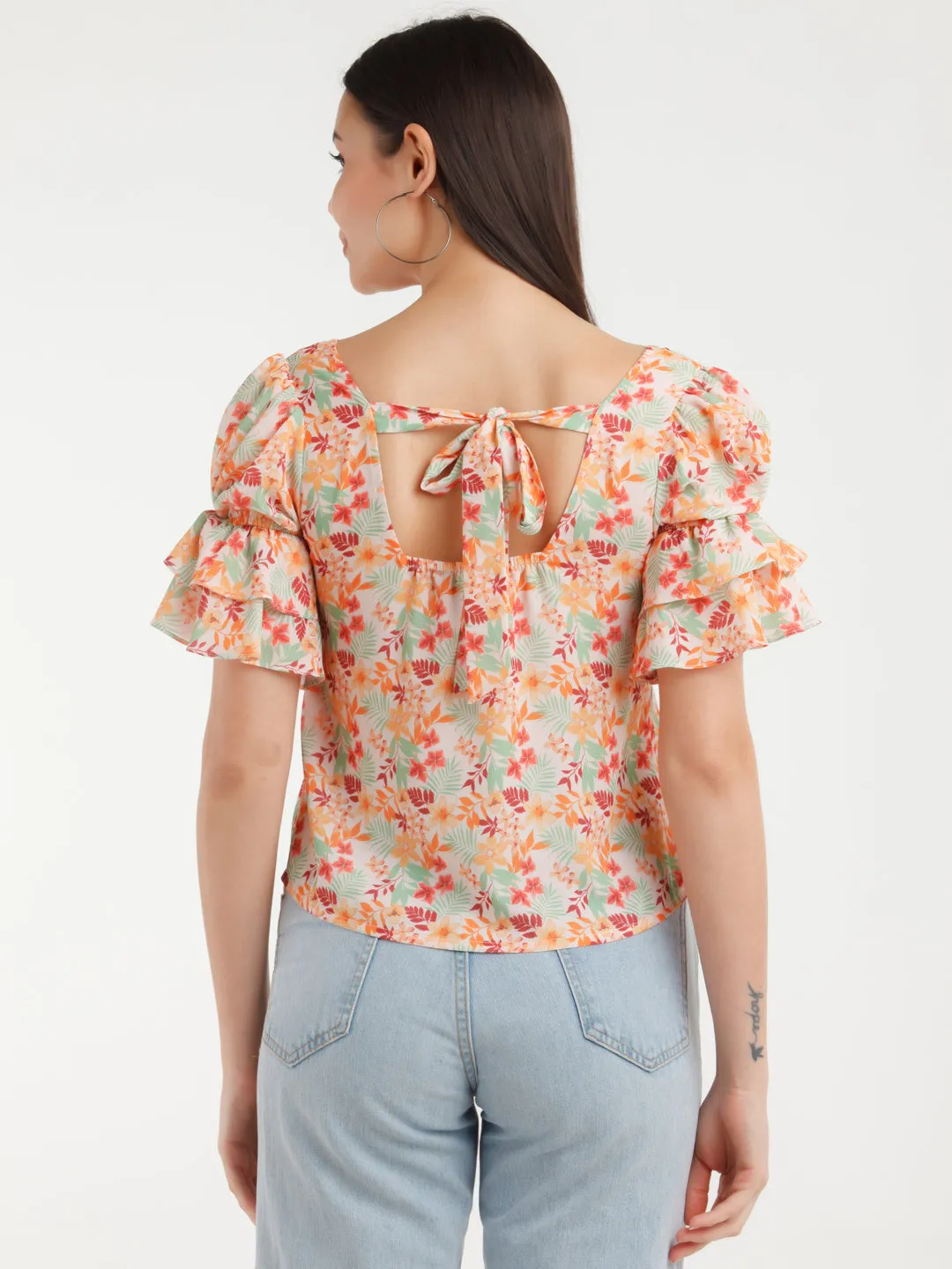 Multicolor Printed Puff Sleeve Top