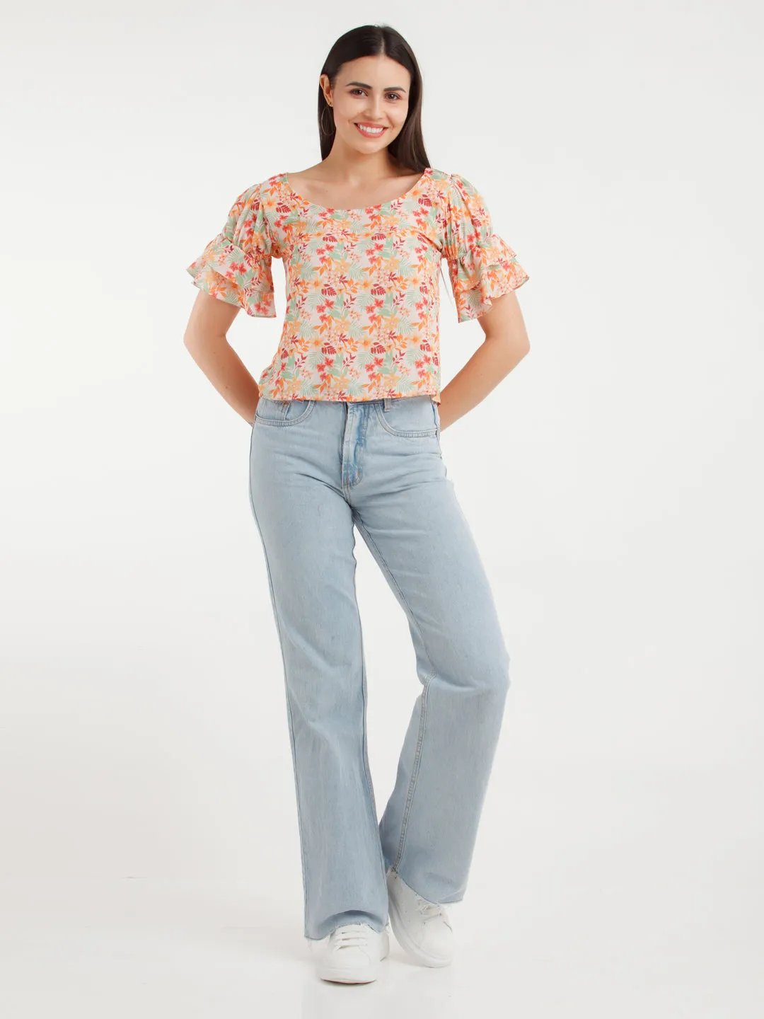 Multicolor Printed Puff Sleeve Top