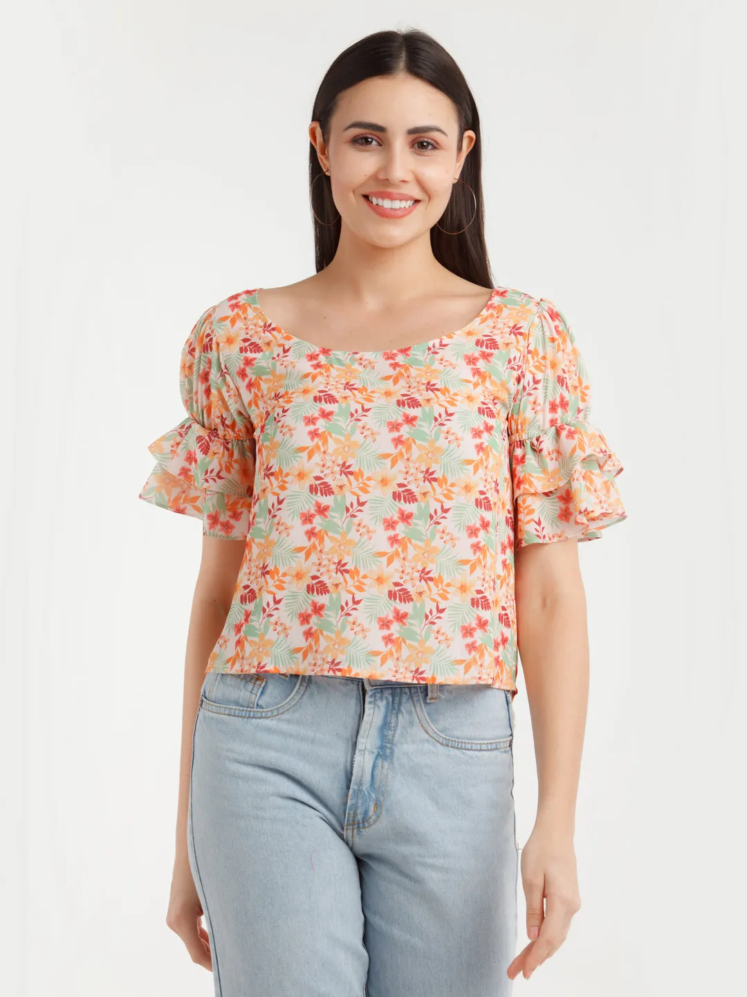 Multicolor Printed Puff Sleeve Top