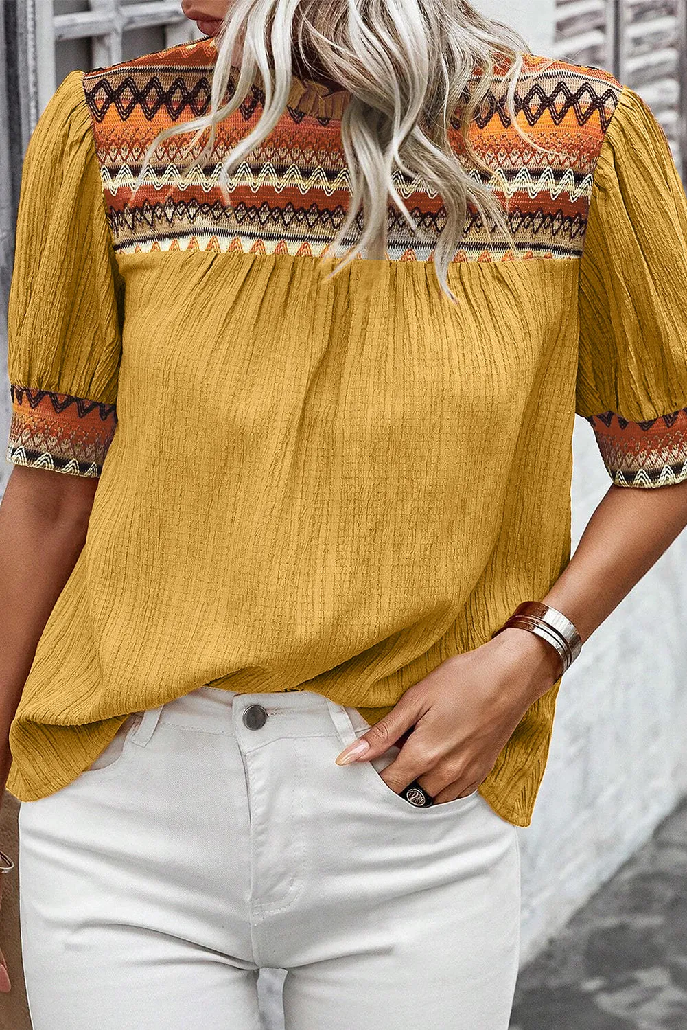 Mustard Geometric Short Puff Sleeve Frilled Collar Blouse