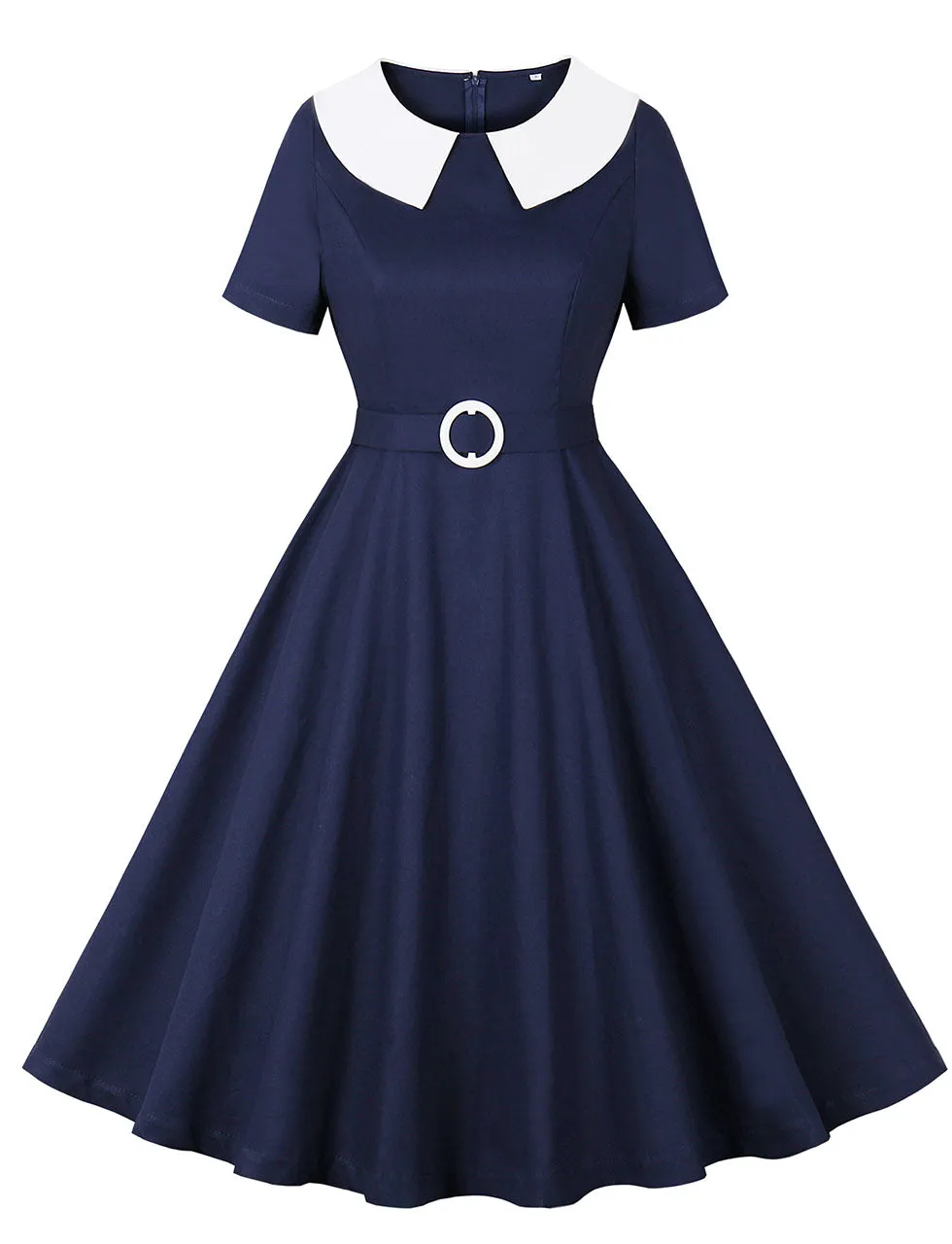 Navy Peter Pan Collar 1950s Vintage Swing Dress With Belt