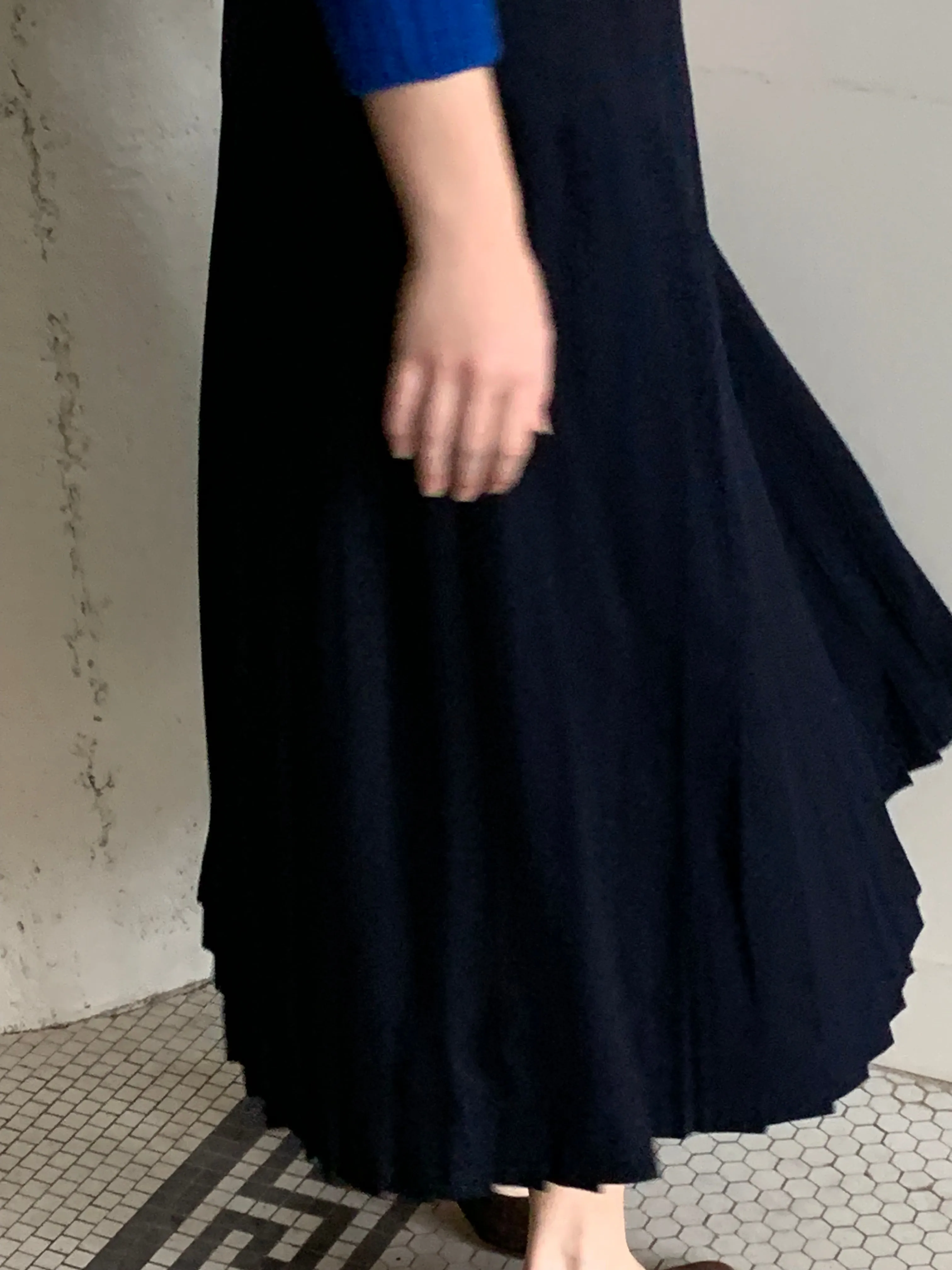 Navy pleated wool midi skirt