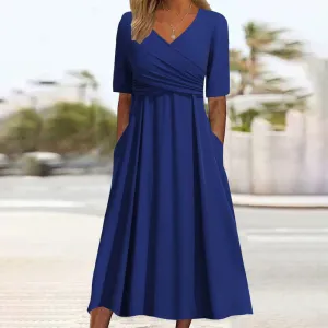NEW Bovuf Blue Plain V-Neck Midi Dress, Sz M, Blue! Retails $95