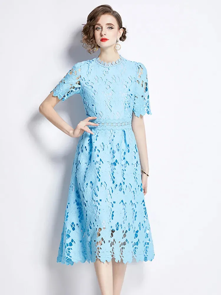 New High-End Embroidered Lace Hollow Out Dress O-Neck Short Sleeve Long Party Dress