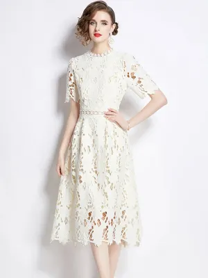 New High-End Embroidered Lace Hollow Out Dress O-Neck Short Sleeve Long Party Dress
